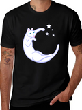 Cute Cat Moon & Stars Graphic Black T-Shirt