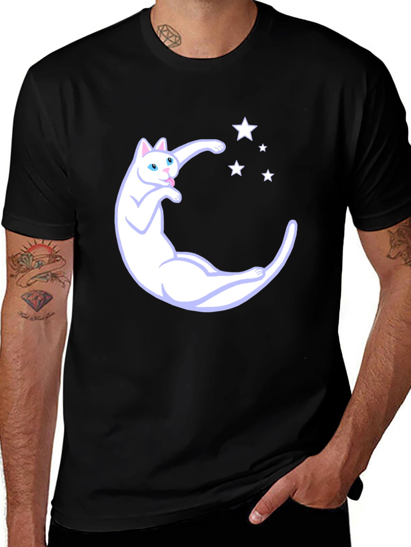 Cute Cat Moon & Stars Graphic Black T-Shirt