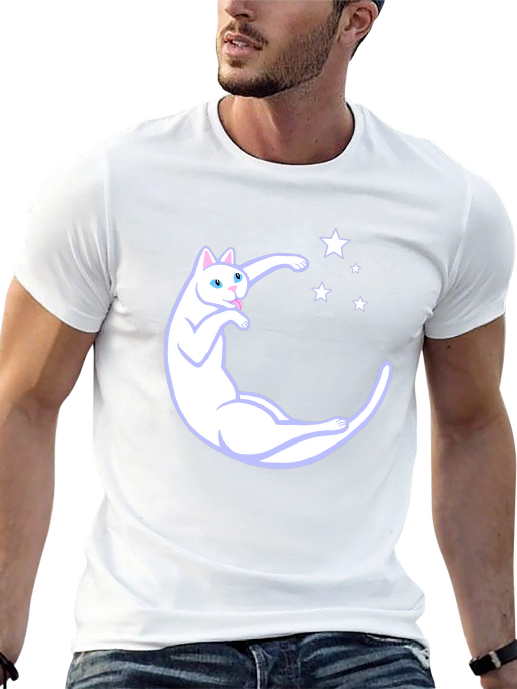 Cute Cat Moon & Stars Graphic Black T-Shirt