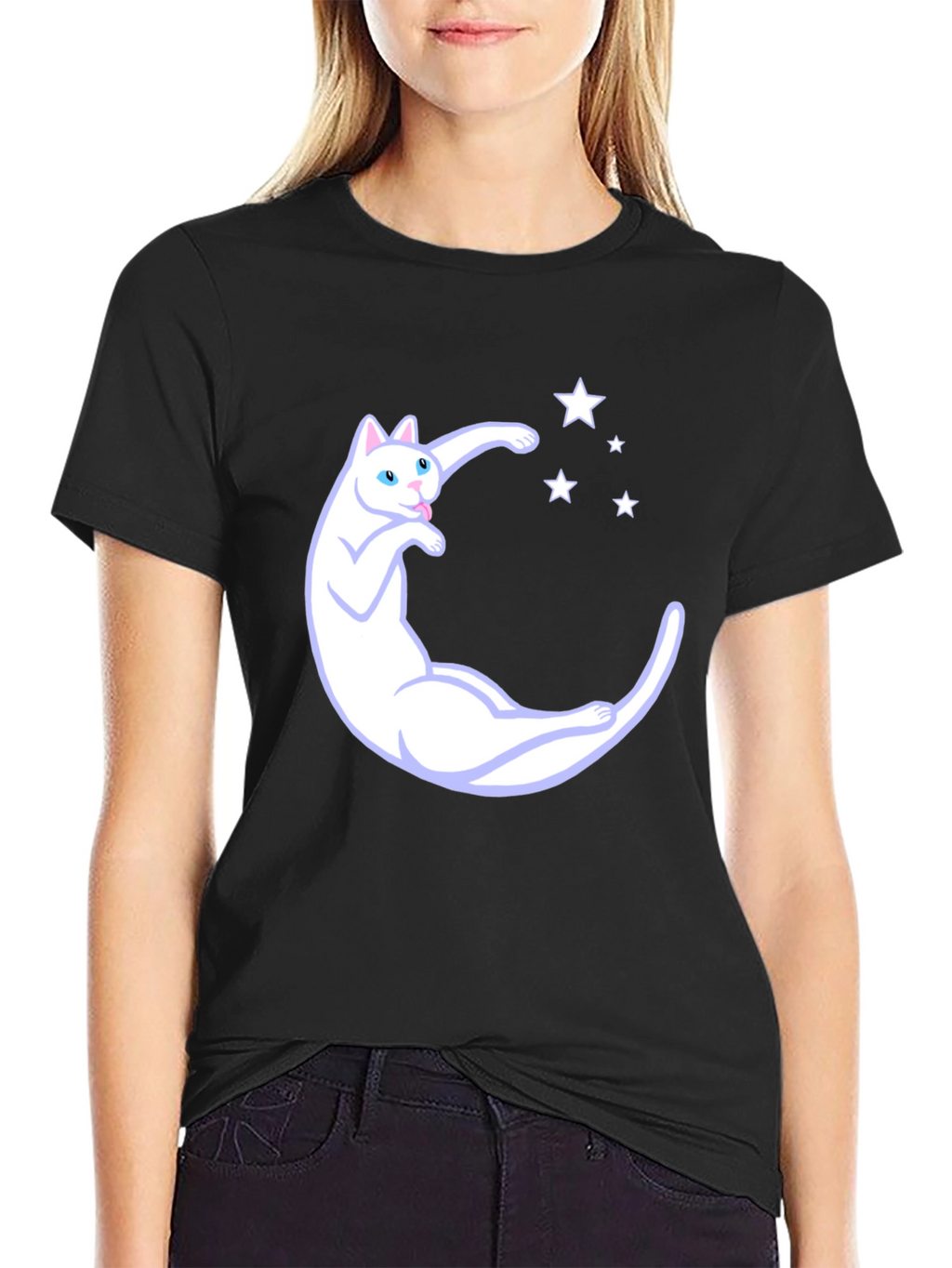 Cute Cat Moon & Stars Graphic Black T-Shirt