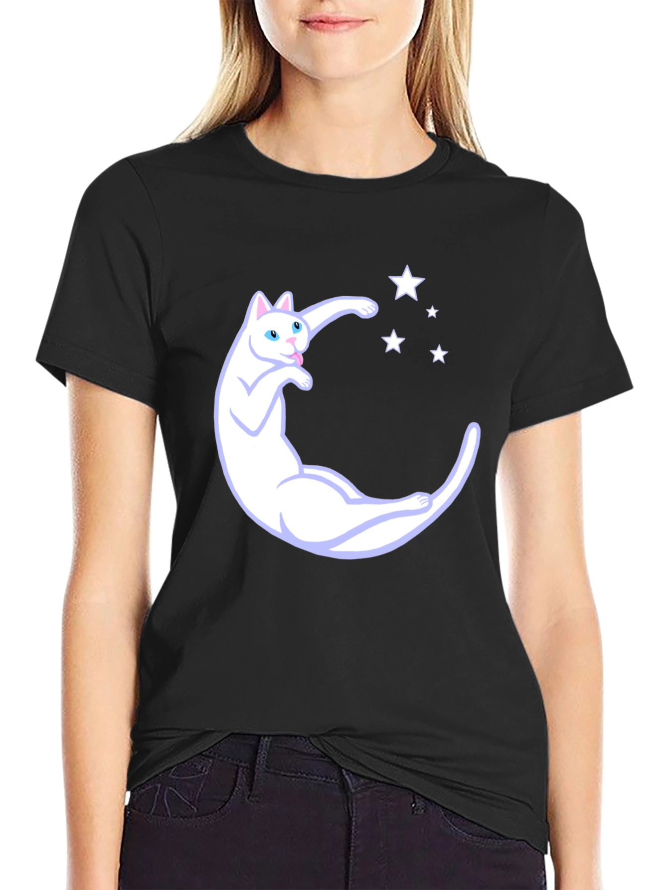 Cute Cat Moon & Stars Graphic Black T-Shirt