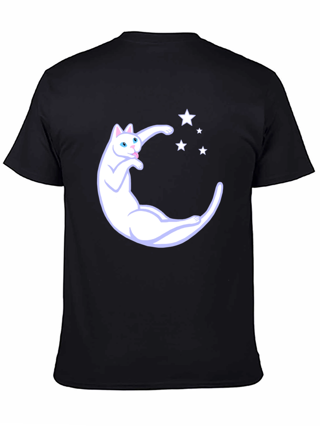 Cute Cat Moon & Stars Graphic Black T-Shirt