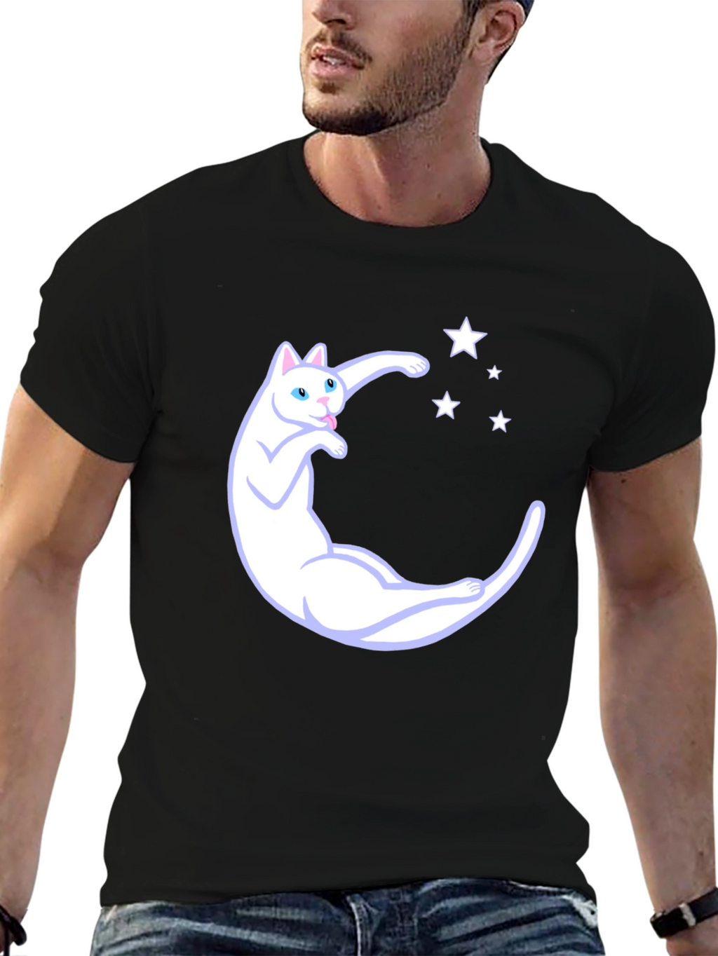 Cute Cat Moon & Stars Graphic Black T-Shirt