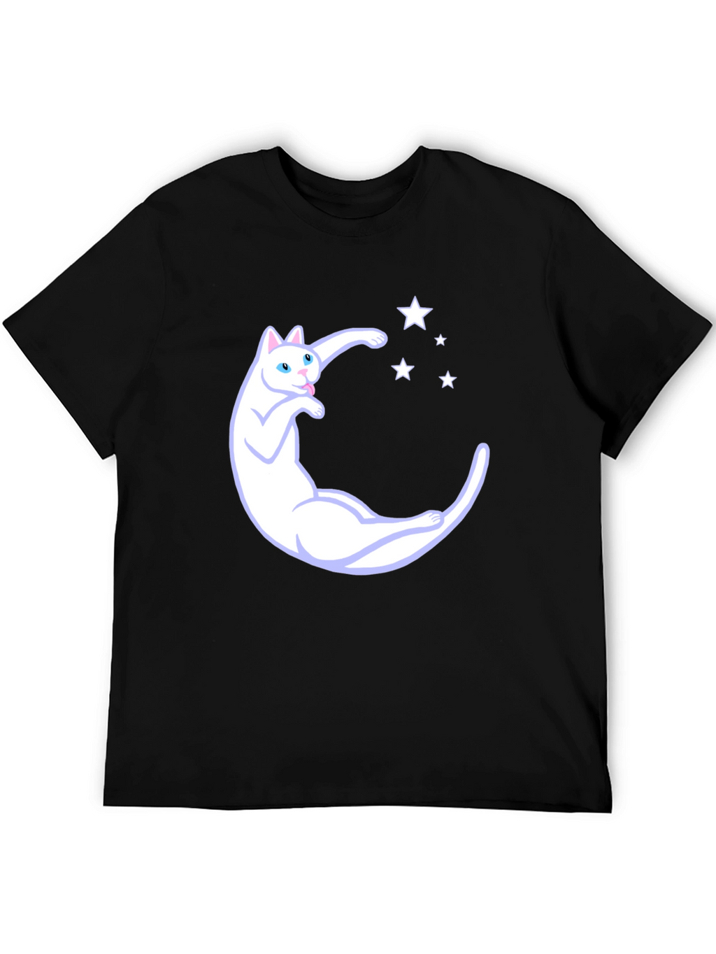 Cute Cat Moon & Stars Graphic Black T-Shirt