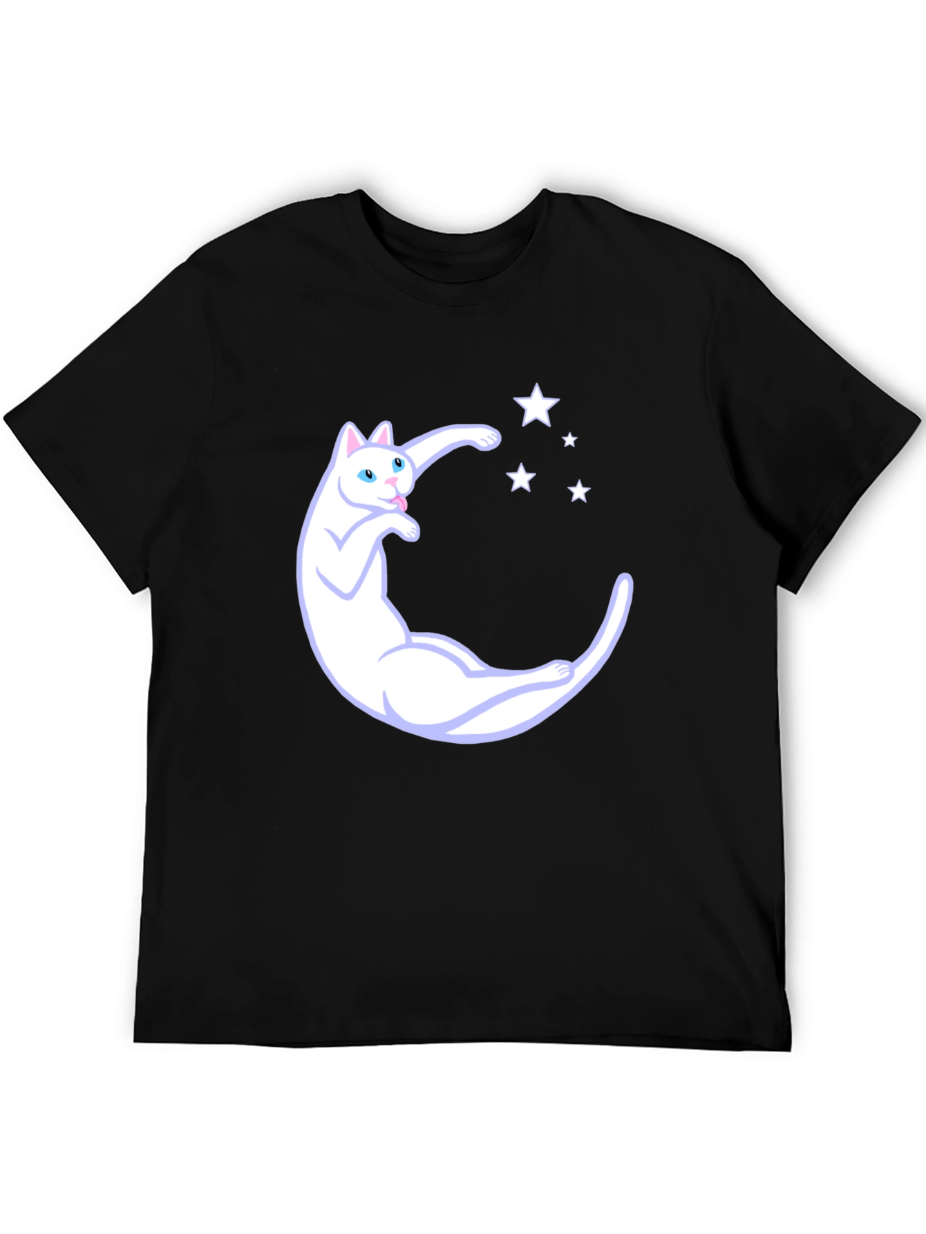 Cute Cat Moon & Stars Graphic Black T-Shirt