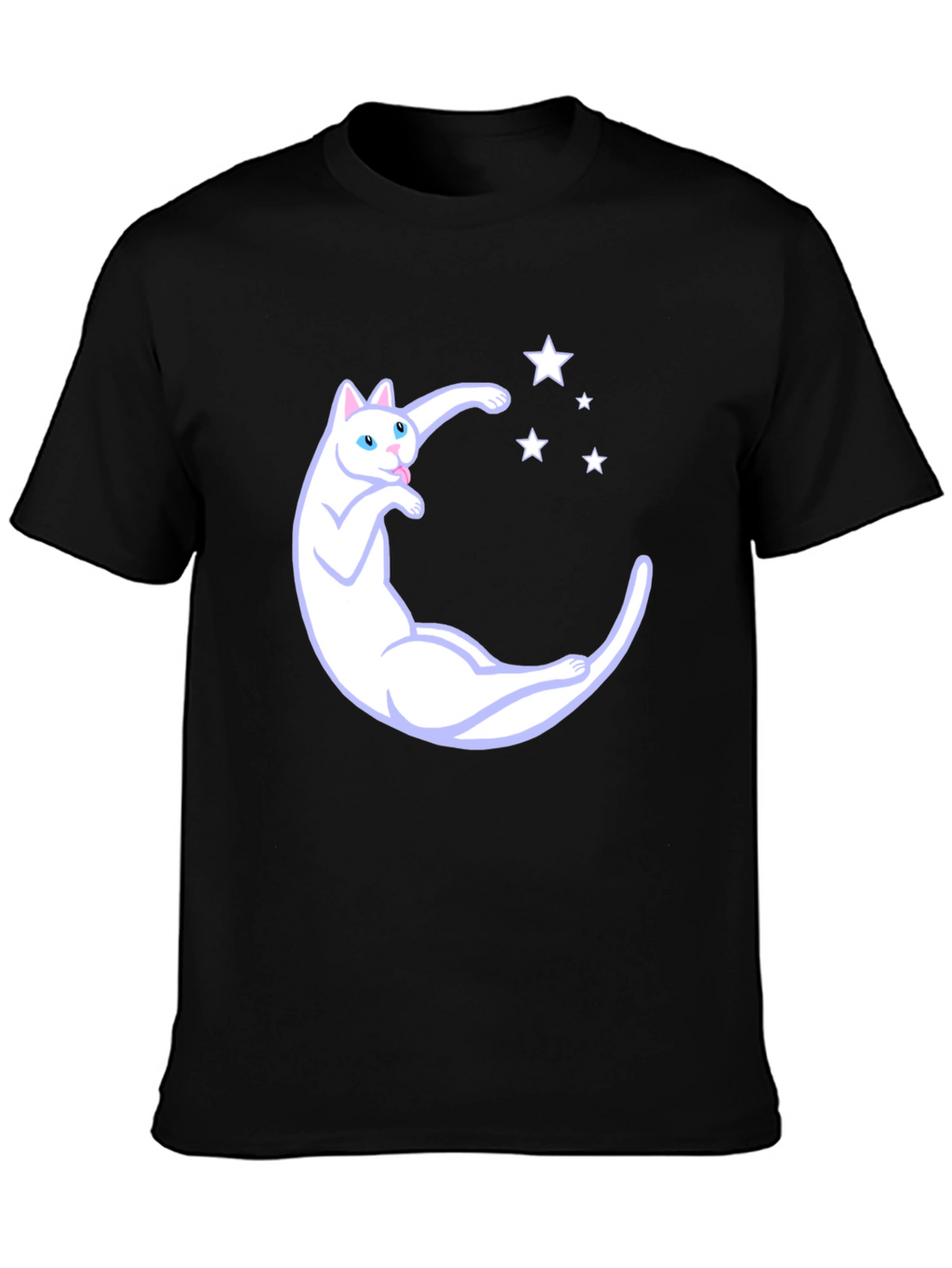 Cute Cat Moon & Stars Graphic Black T-Shirt