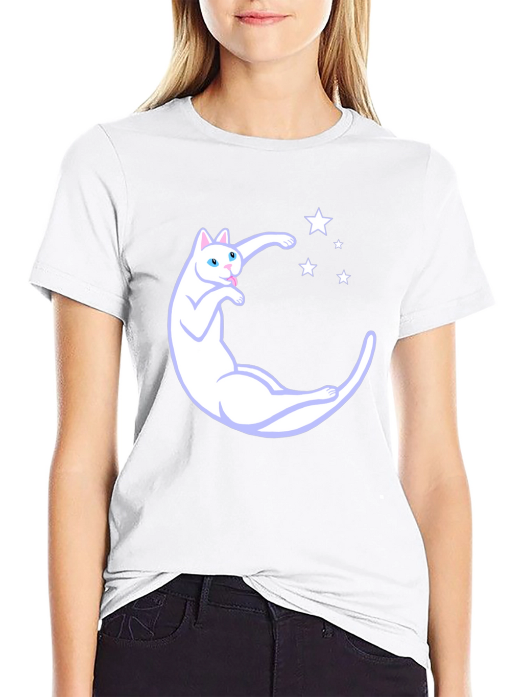 Cute Cat Moon & Stars Graphic Black T-Shirt