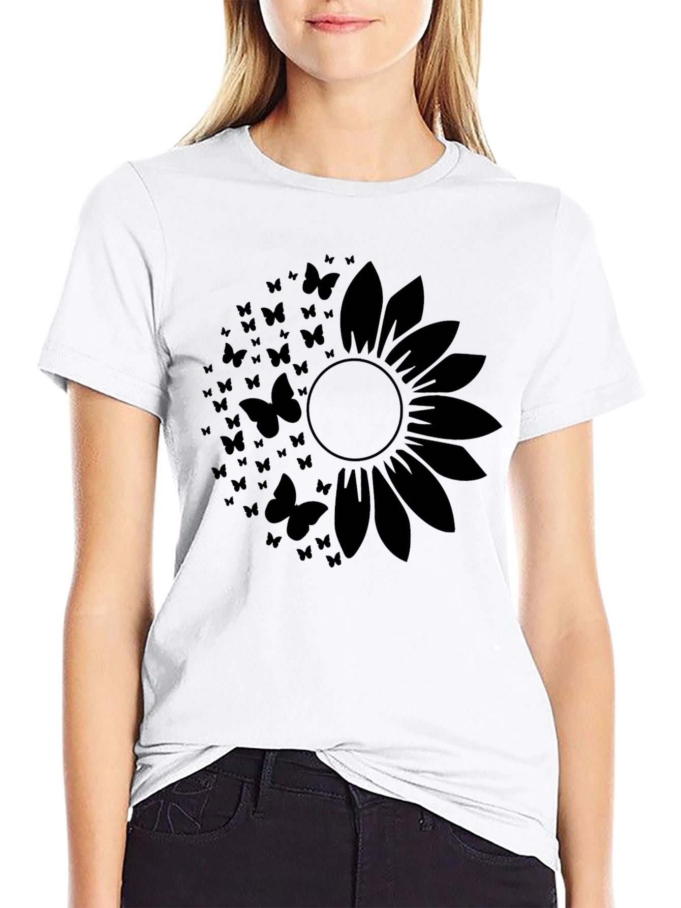 Butterfly Sunflower Black T-Shirt