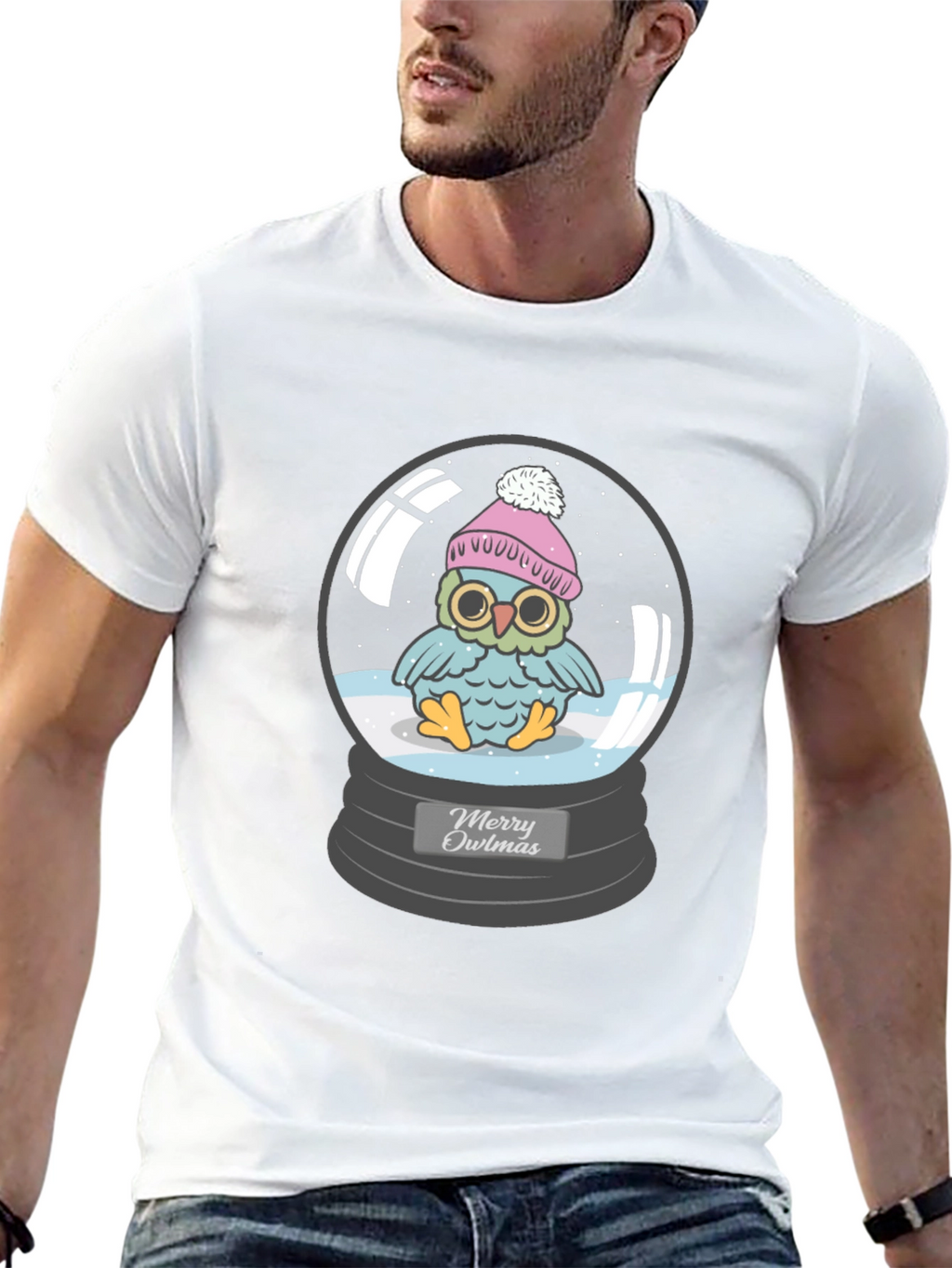 Merry Owlmas T-Shirt - Holiday Owl in Snow Globe