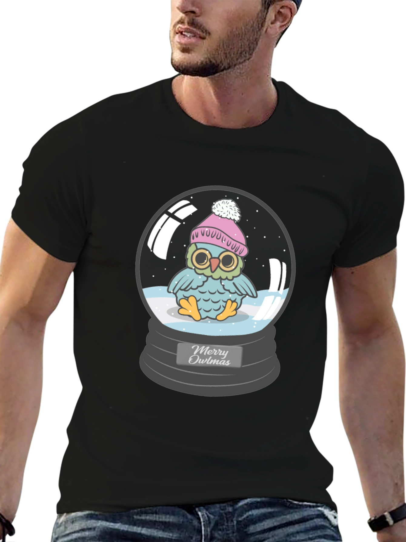 Merry Owlmas T-Shirt - Holiday Owl in Snow Globe
