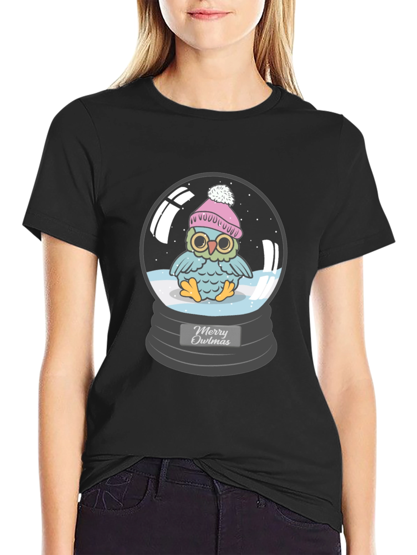 Merry Owlmas T-Shirt - Holiday Owl in Snow Globe