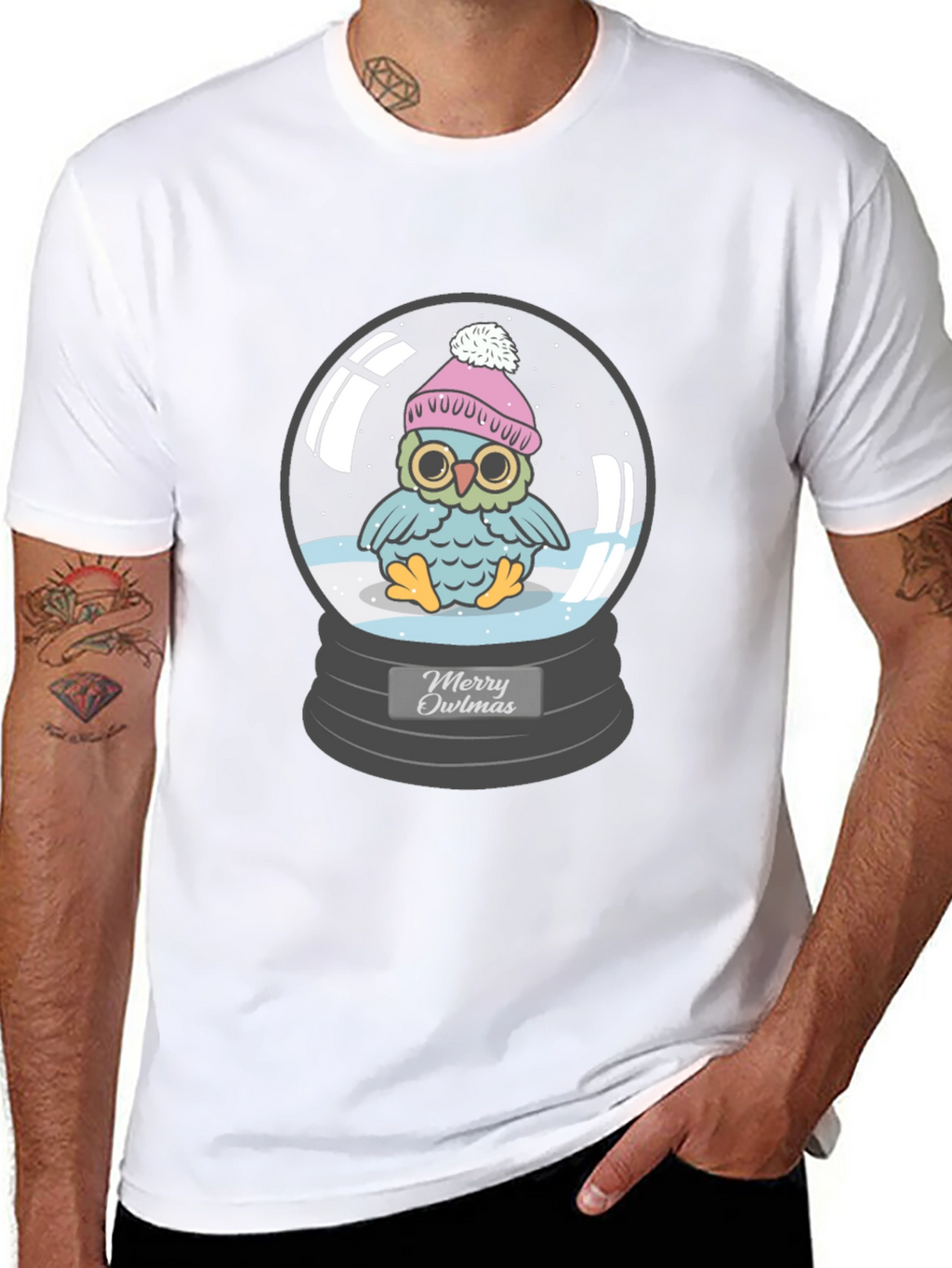 Merry Owlmas T-Shirt - Holiday Owl in Snow Globe