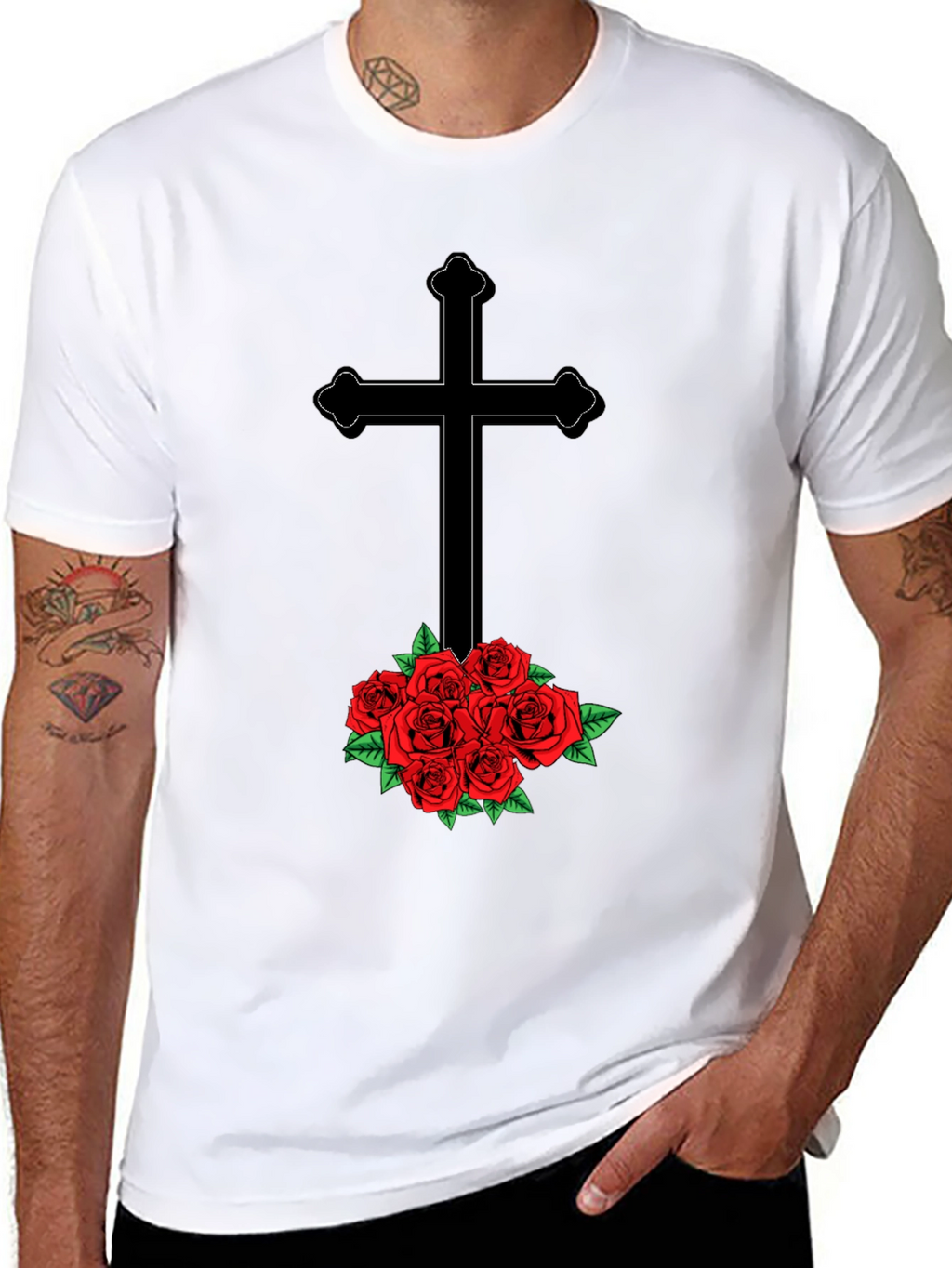 Cross and Roses Graphic Tee - Mens Black T-Shirt