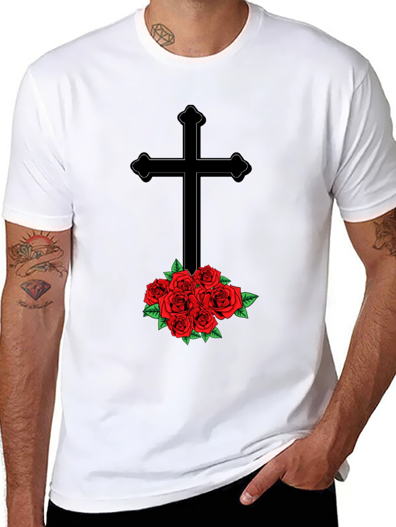 Cross and Roses Graphic Tee - Mens Black T-Shirt