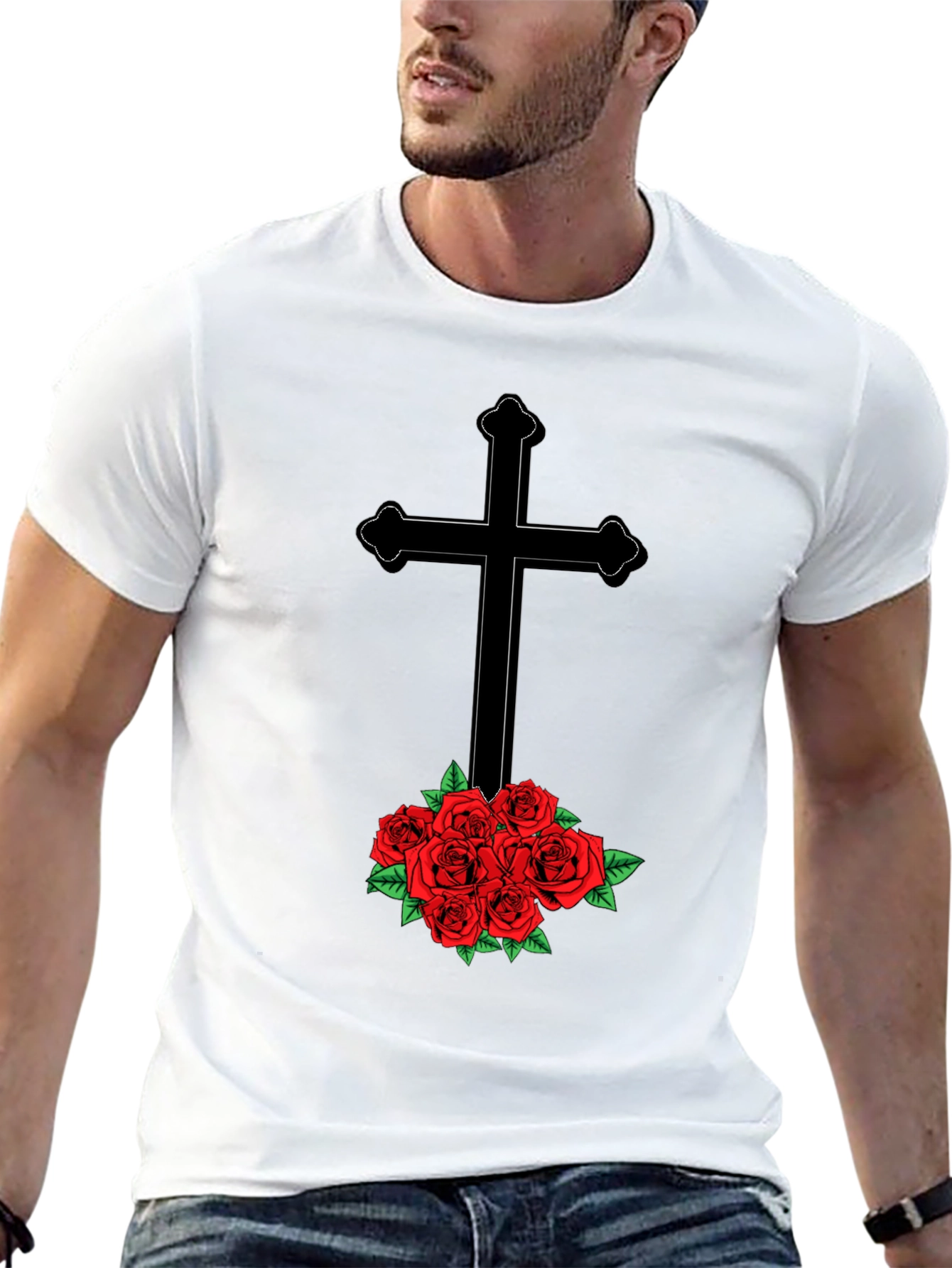 Cross and Roses Graphic Tee - Mens Black T-Shirt