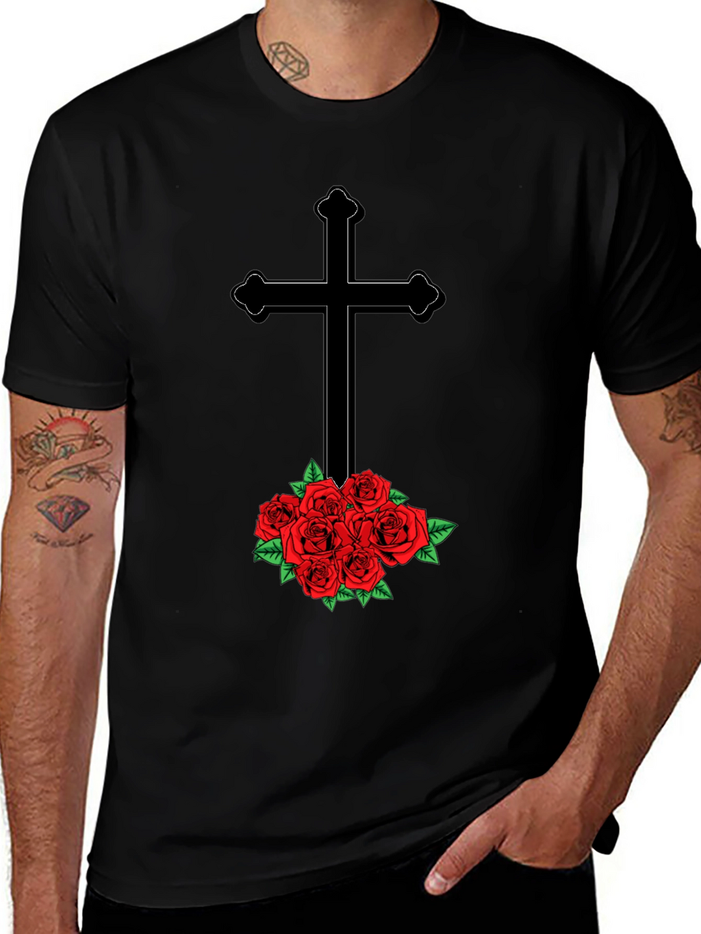 Cross and Roses Graphic Tee - Mens Black T-Shirt