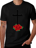 Cross and Roses Graphic Tee - Mens Black T-Shirt