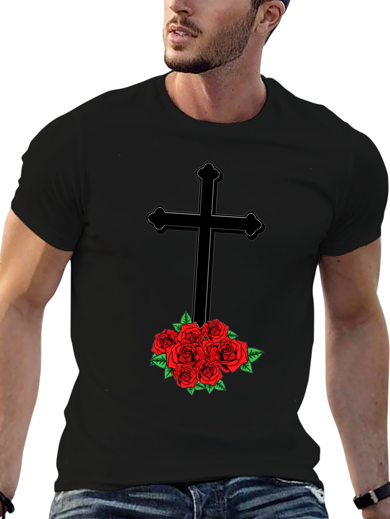 Cross and Roses Graphic Tee - Mens Black T-Shirt