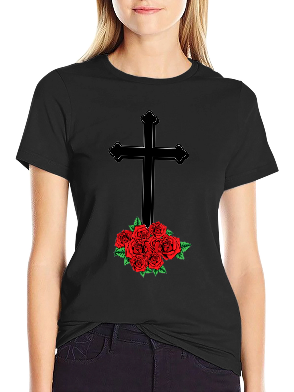Cross and Roses Graphic Tee - Mens Black T-Shirt