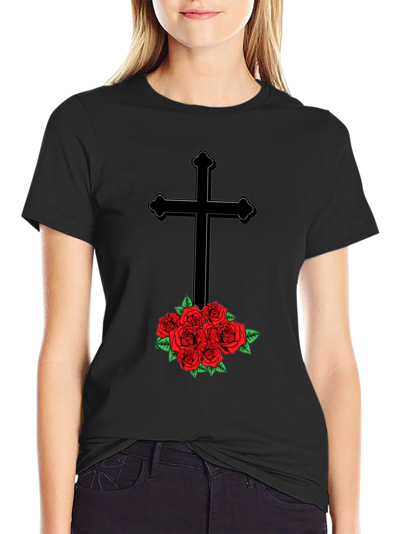 Cross and Roses Graphic Tee - Mens Black T-Shirt