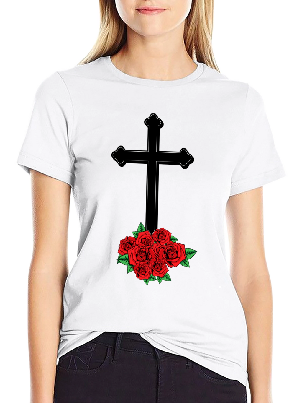 Cross and Roses Graphic Tee - Mens Black T-Shirt