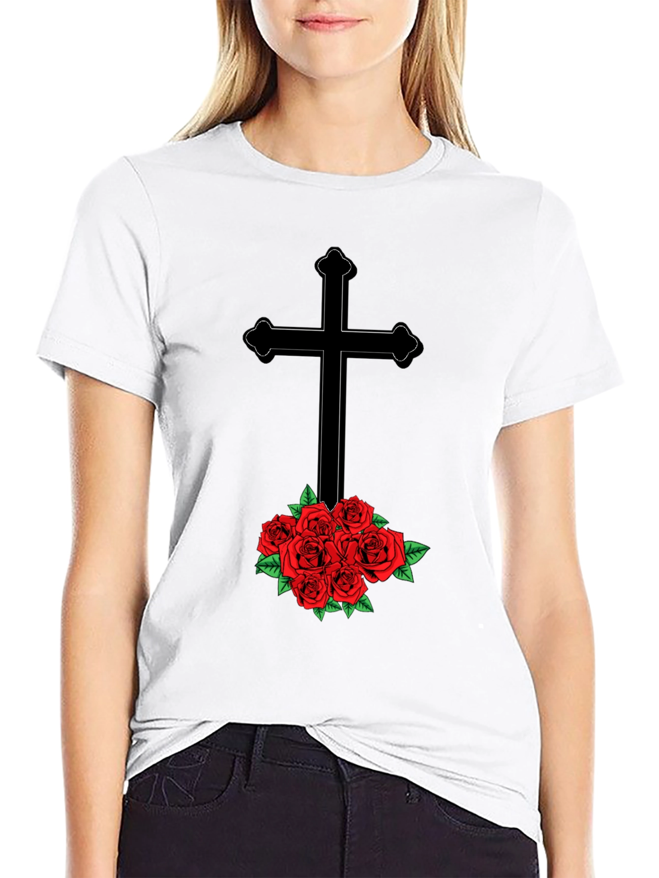 Cross and Roses Graphic Tee - Mens Black T-Shirt