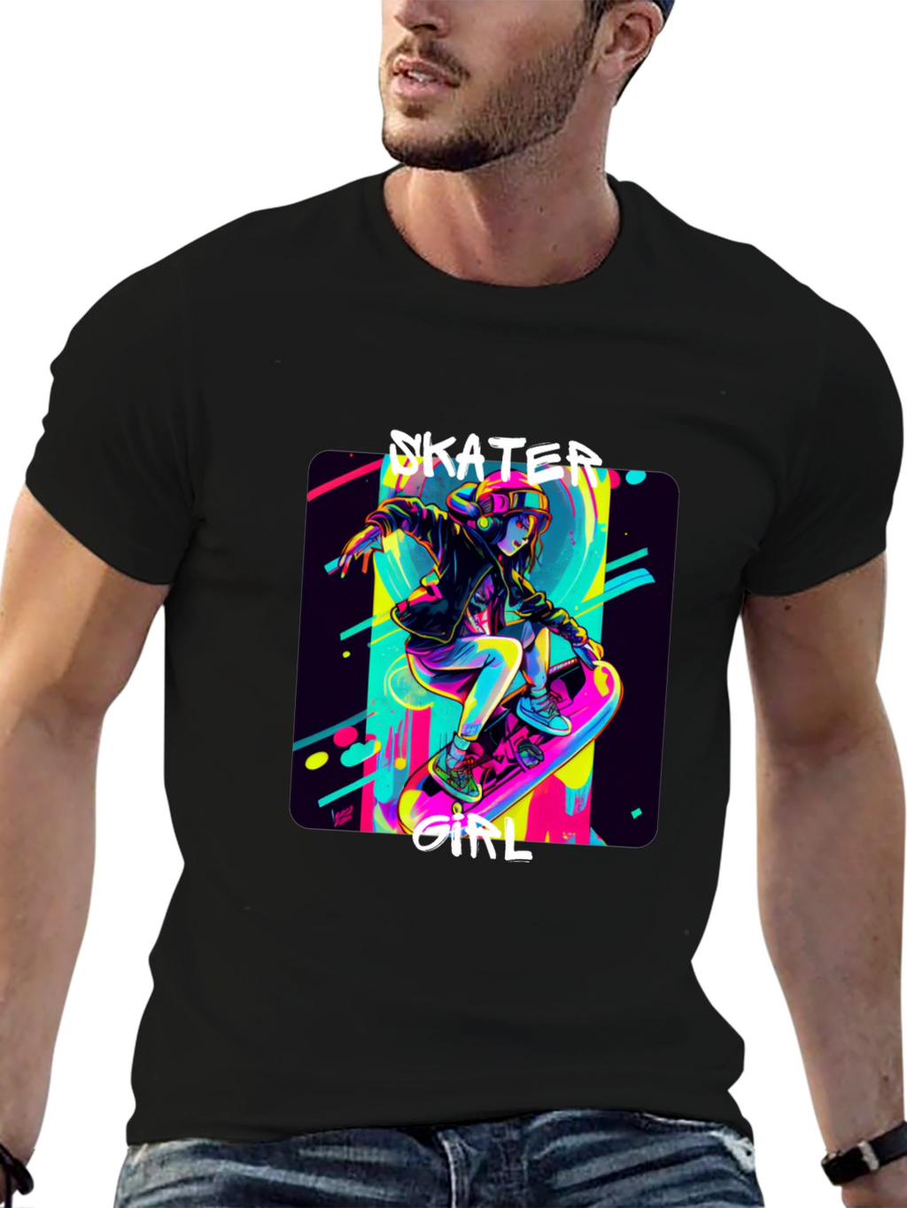 Skater Girl Graphic Tee - Black Cotton T-Shirt