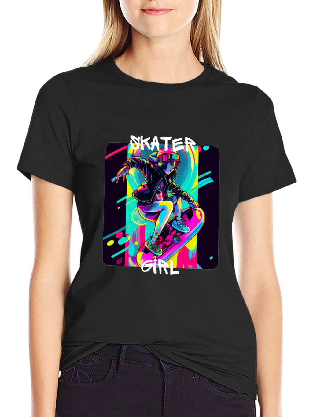 Skater Girl Graphic Tee - Black Cotton T-Shirt