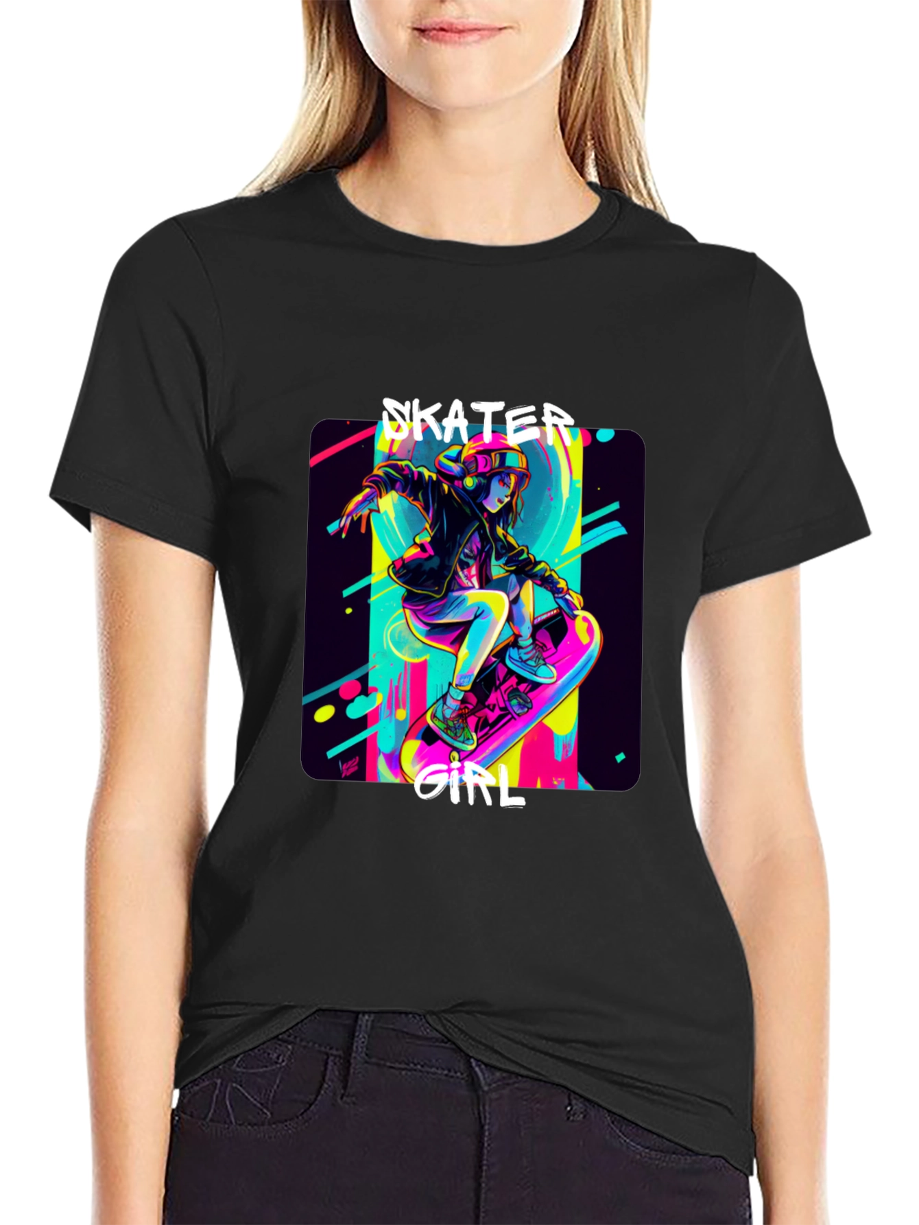 Skater Girl Graphic Tee - Black Cotton T-Shirt