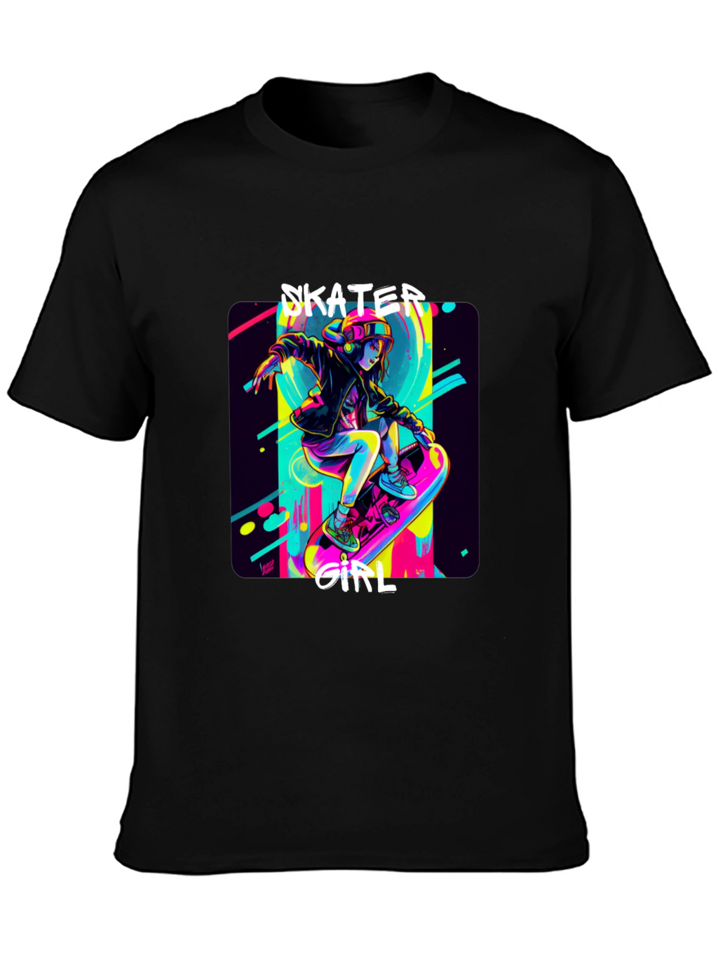 Skater Girl Graphic Tee - Black Cotton T-Shirt