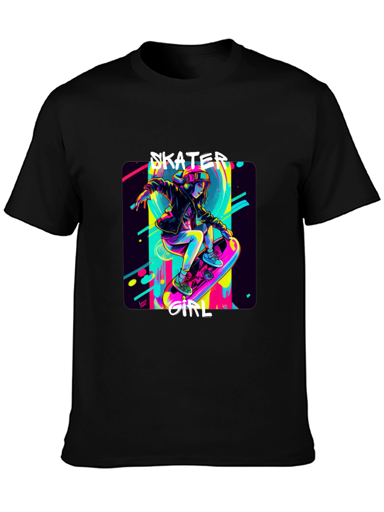 Skater Girl Graphic Tee - Black Cotton T-Shirt