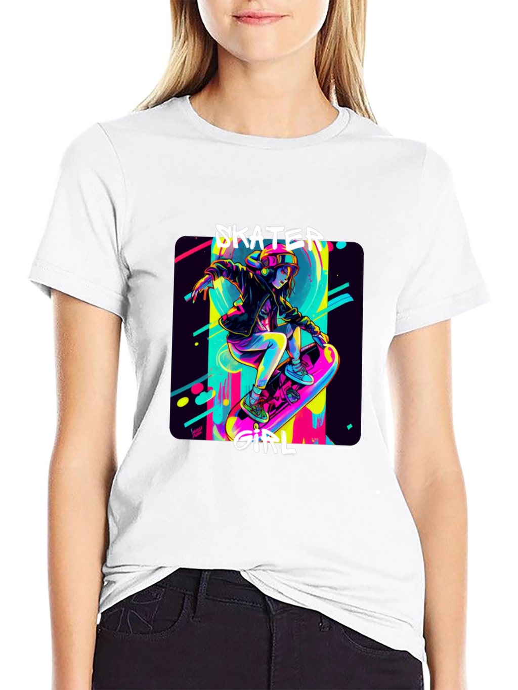 Skater Girl Graphic Tee - Black Cotton T-Shirt