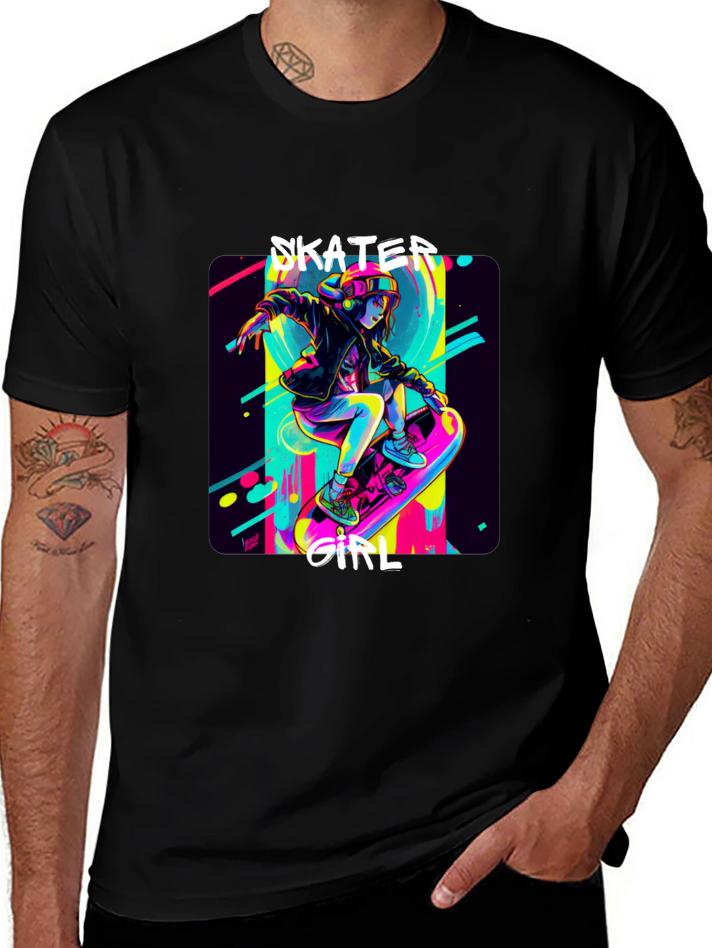 Skater Girl Graphic Tee - Black Cotton T-Shirt