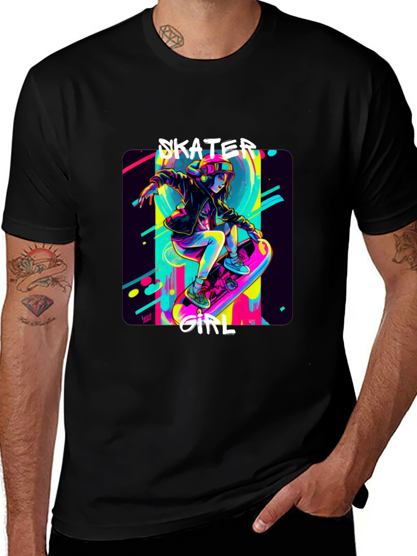 Skater Girl Graphic Tee - Black Cotton T-Shirt