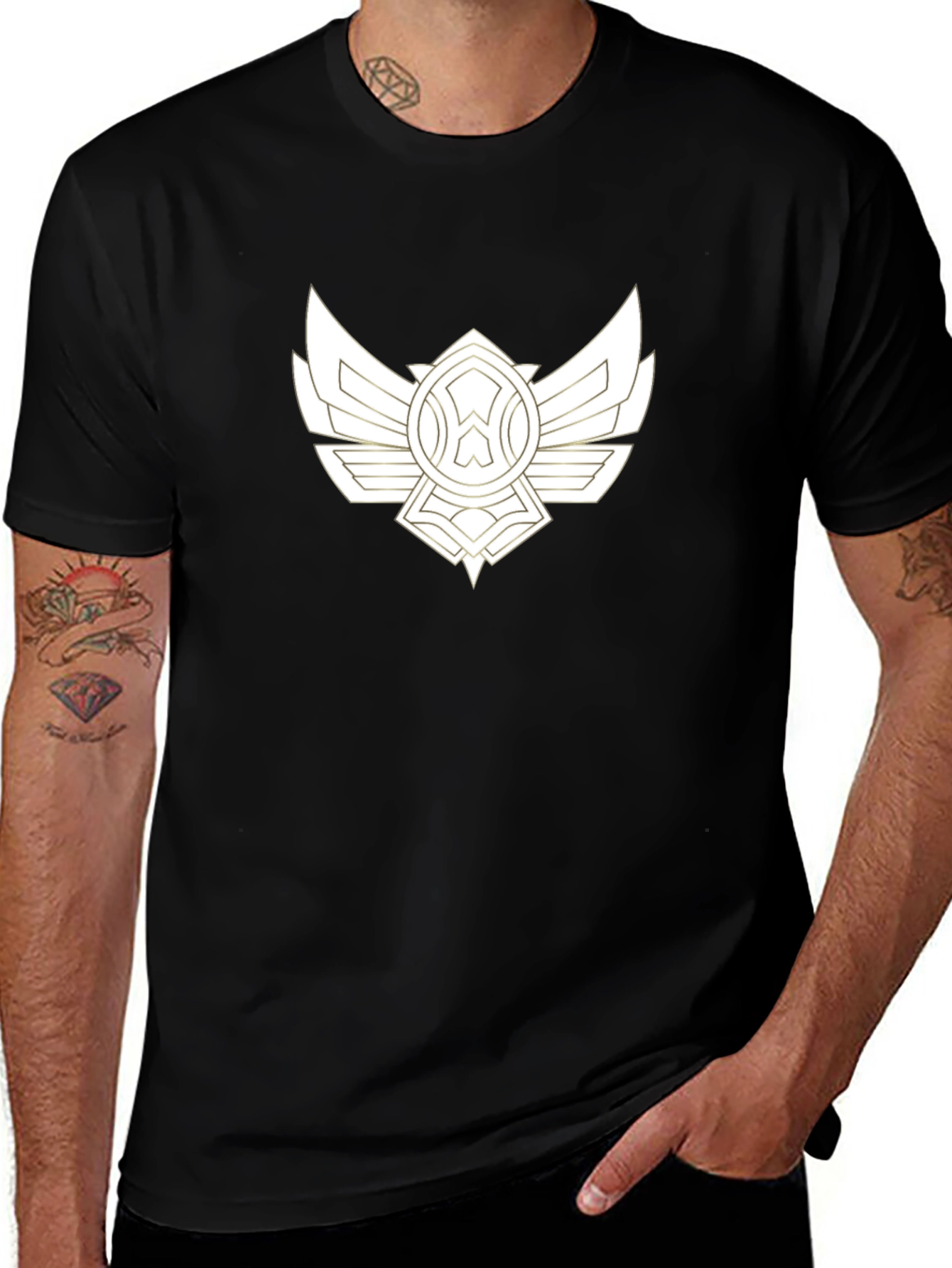 Black Tee with Artistic Gold Wing Design