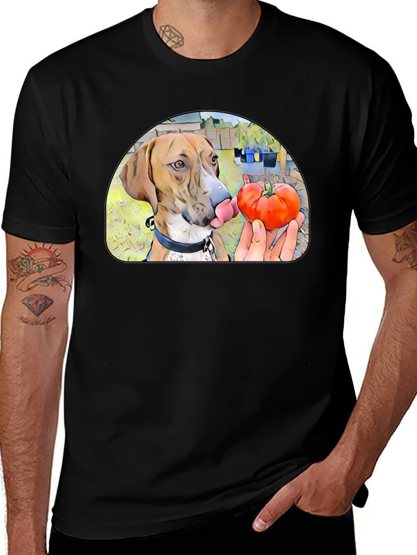 Dog Licking Tomato Graphic T-Shirt