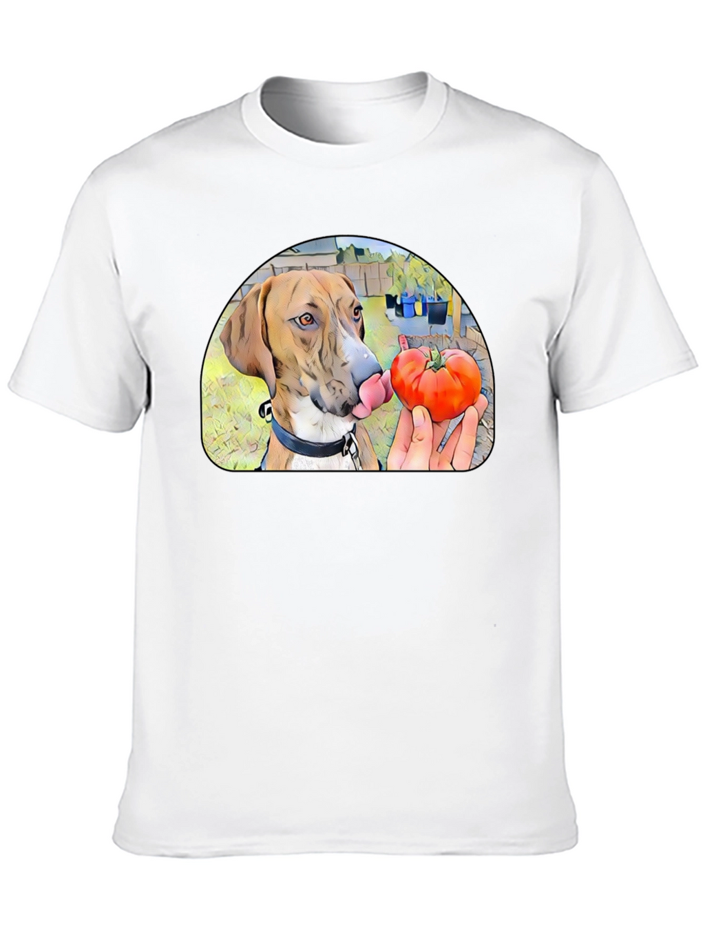 Dog Licking Tomato Graphic T-Shirt