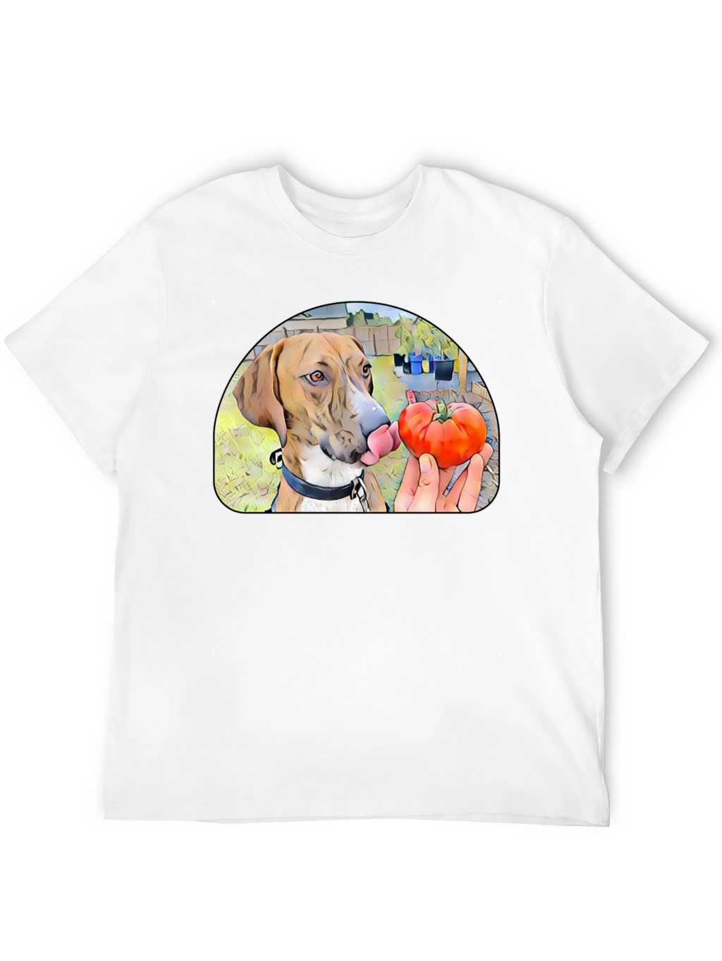 Dog Licking Tomato Graphic T-Shirt