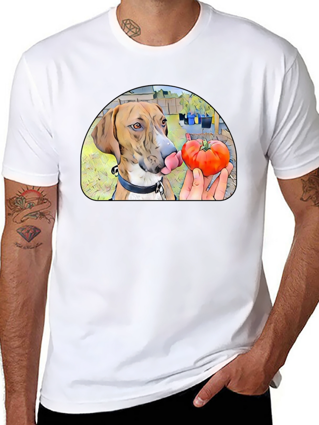Dog Licking Tomato Graphic T-Shirt