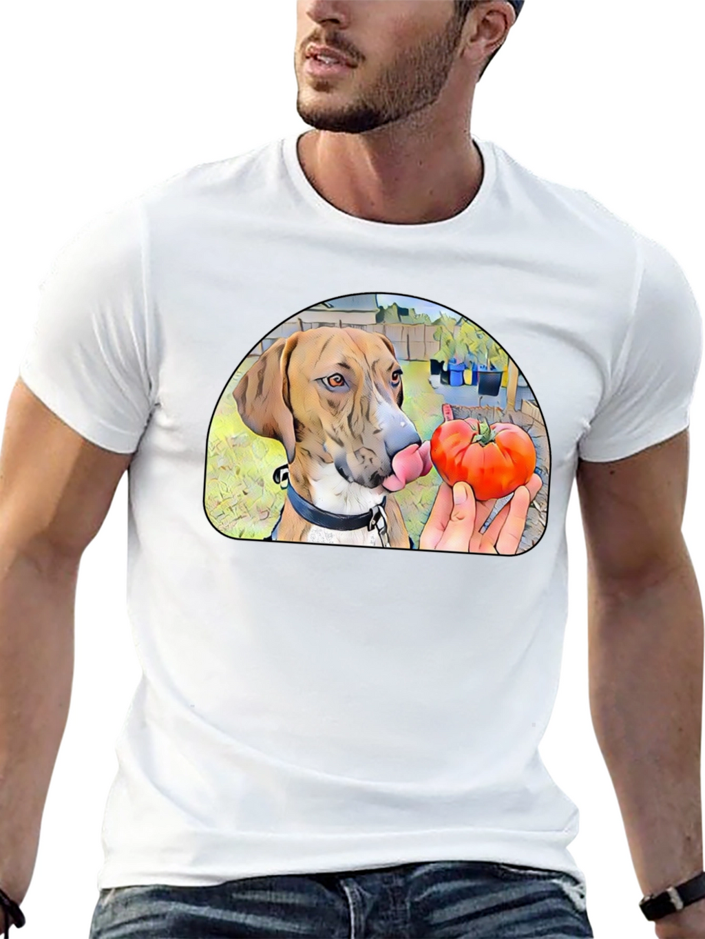 Dog Licking Tomato Graphic T-Shirt