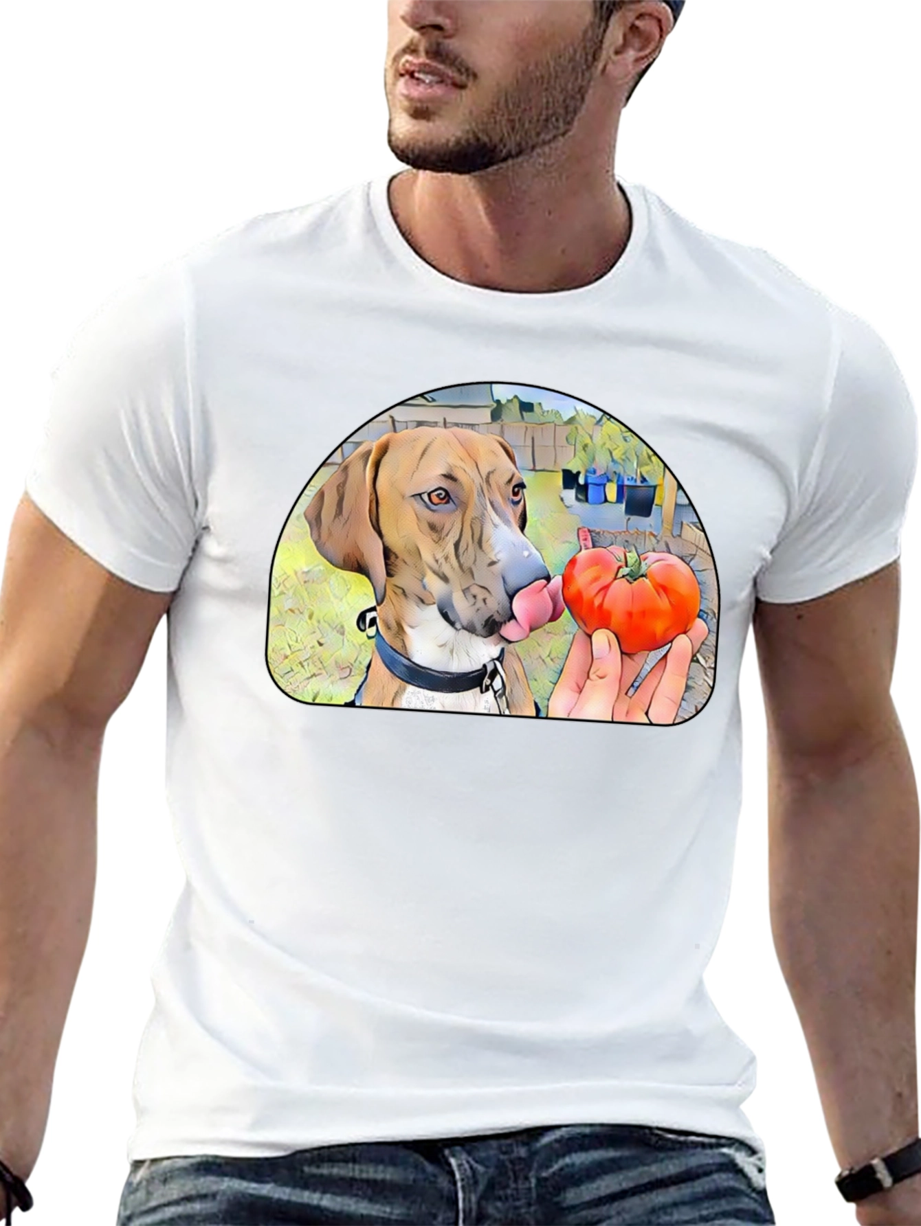 Dog Licking Tomato Graphic T-Shirt