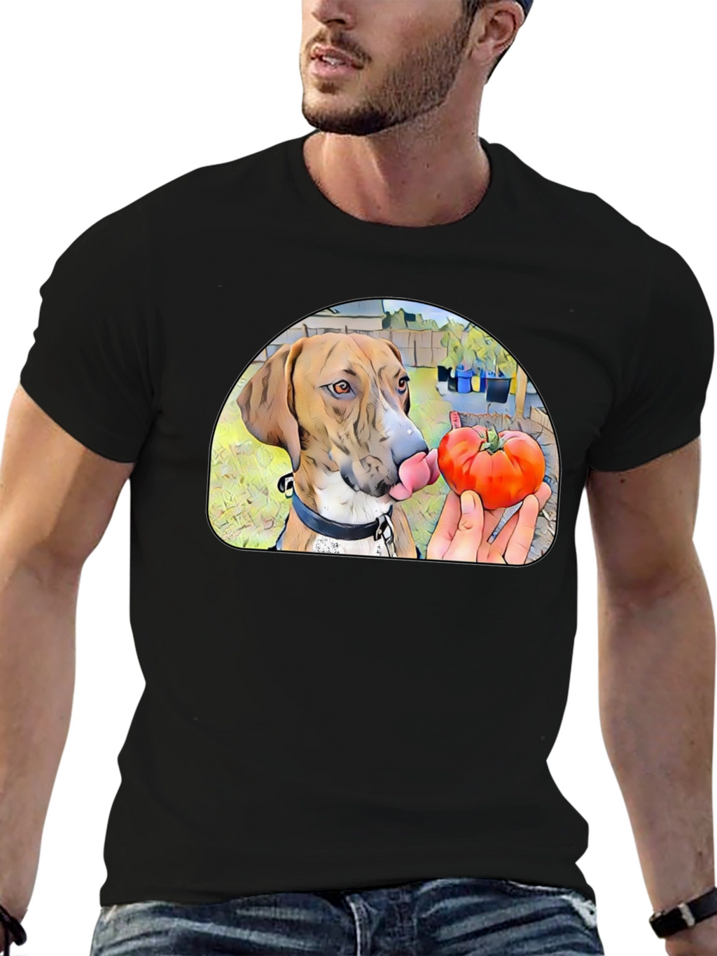 Dog Licking Tomato Graphic T-Shirt