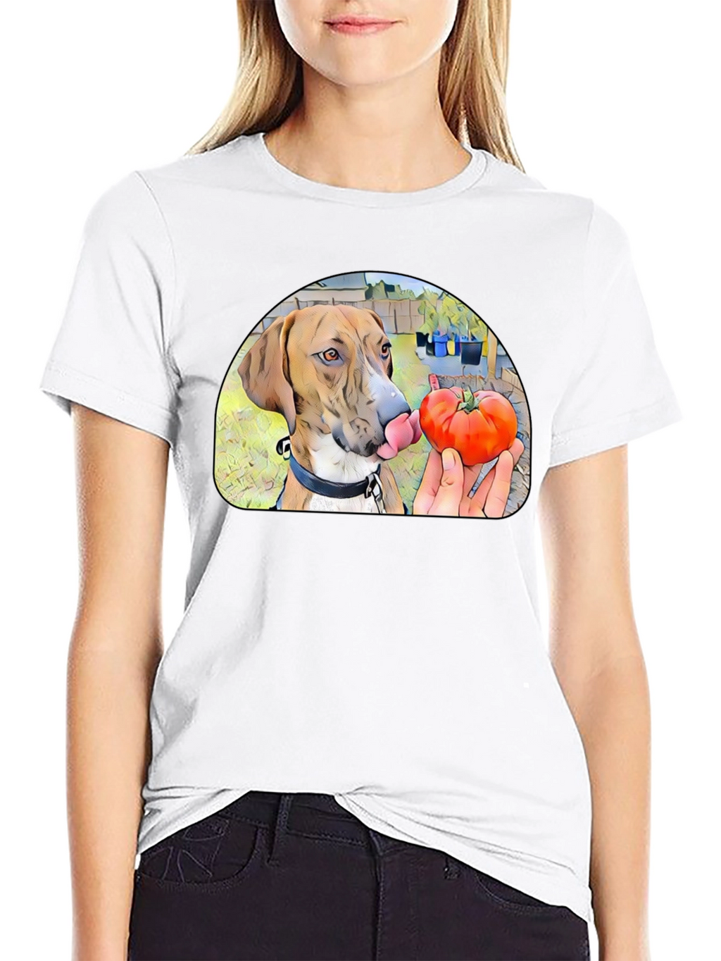 Dog Licking Tomato Graphic T-Shirt