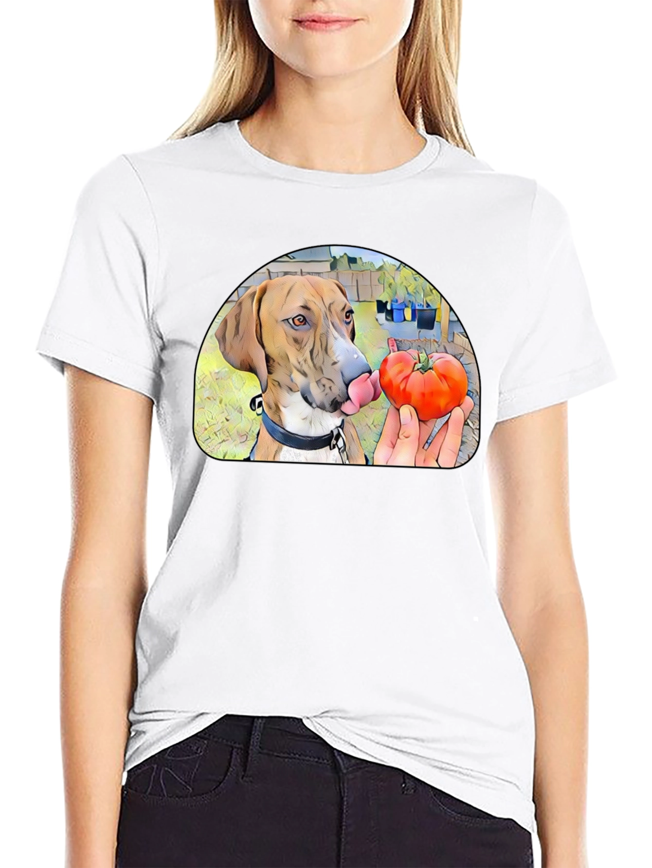 Dog Licking Tomato Graphic T-Shirt