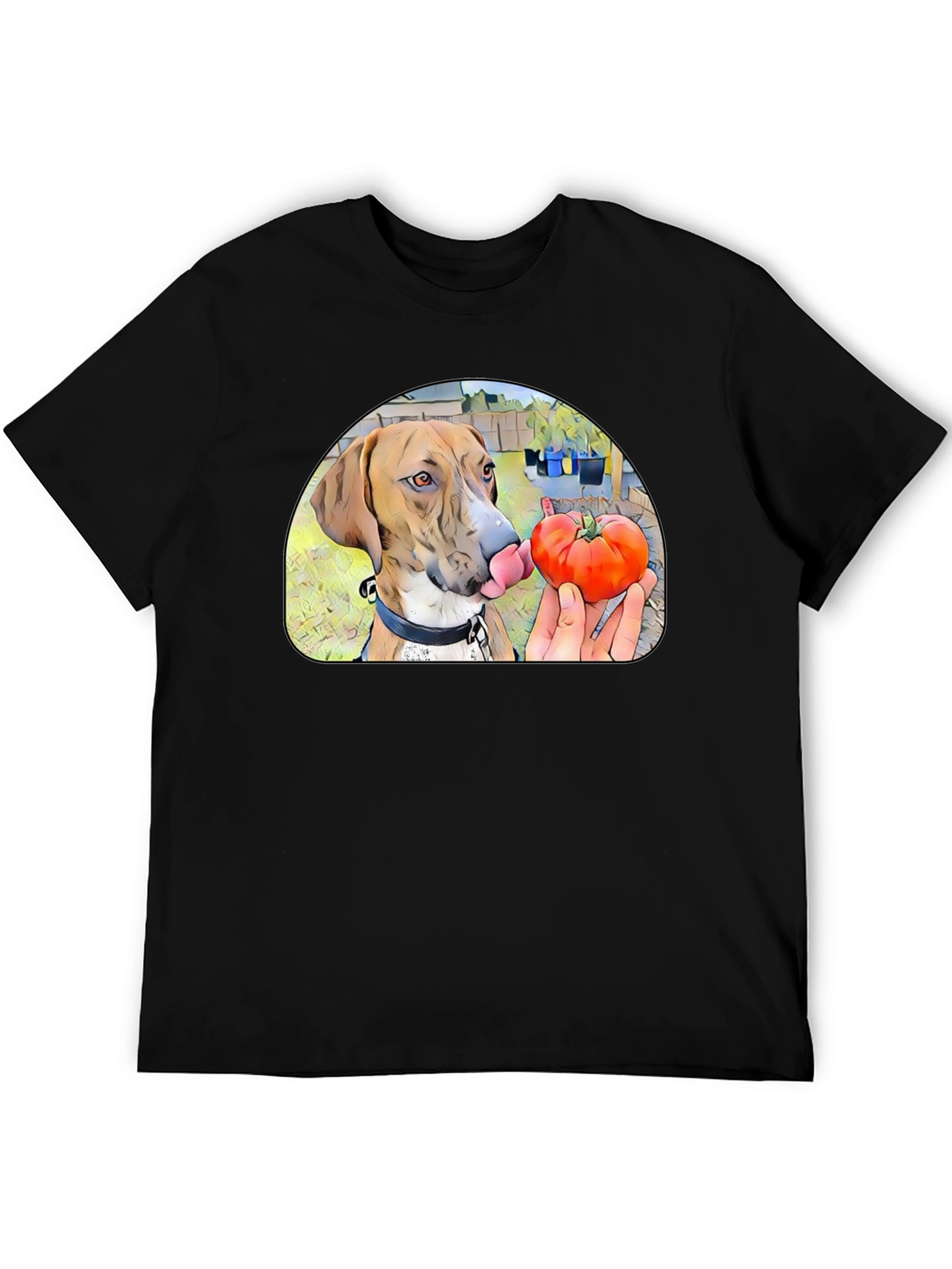 Dog Licking Tomato Graphic T-Shirt