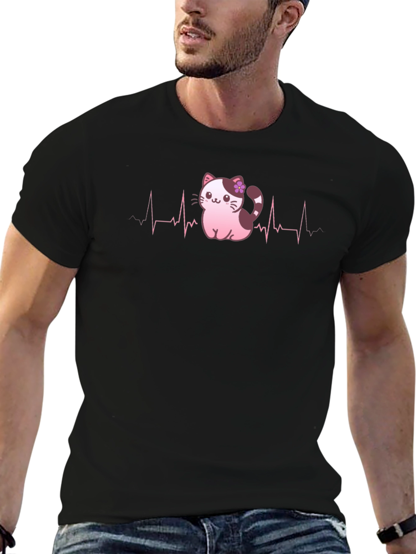 Cute Cat Heartbeat T-Shirt - Black