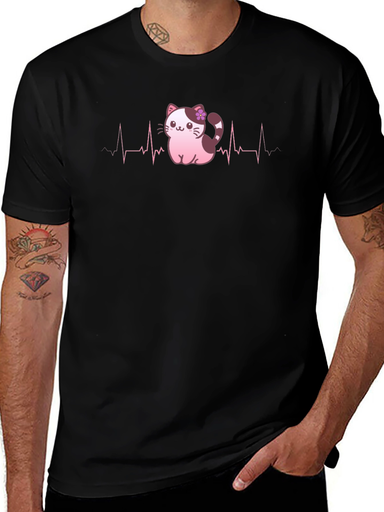 Cute Cat Heartbeat T-Shirt - Black