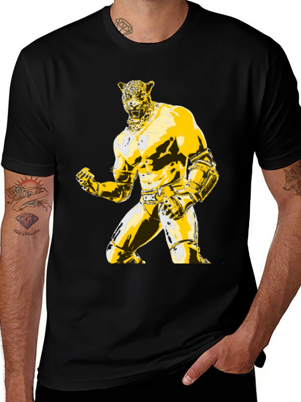Mens Black T-Shirt with Jaguar Luchador Graphic
