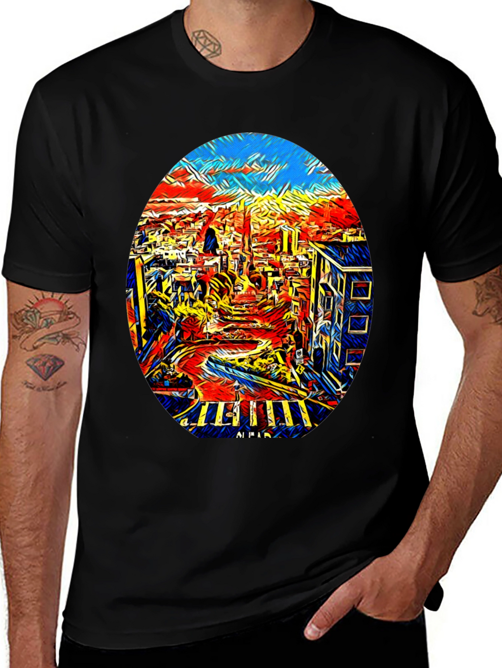 Abstract Cityscape Graphic Tee - Black