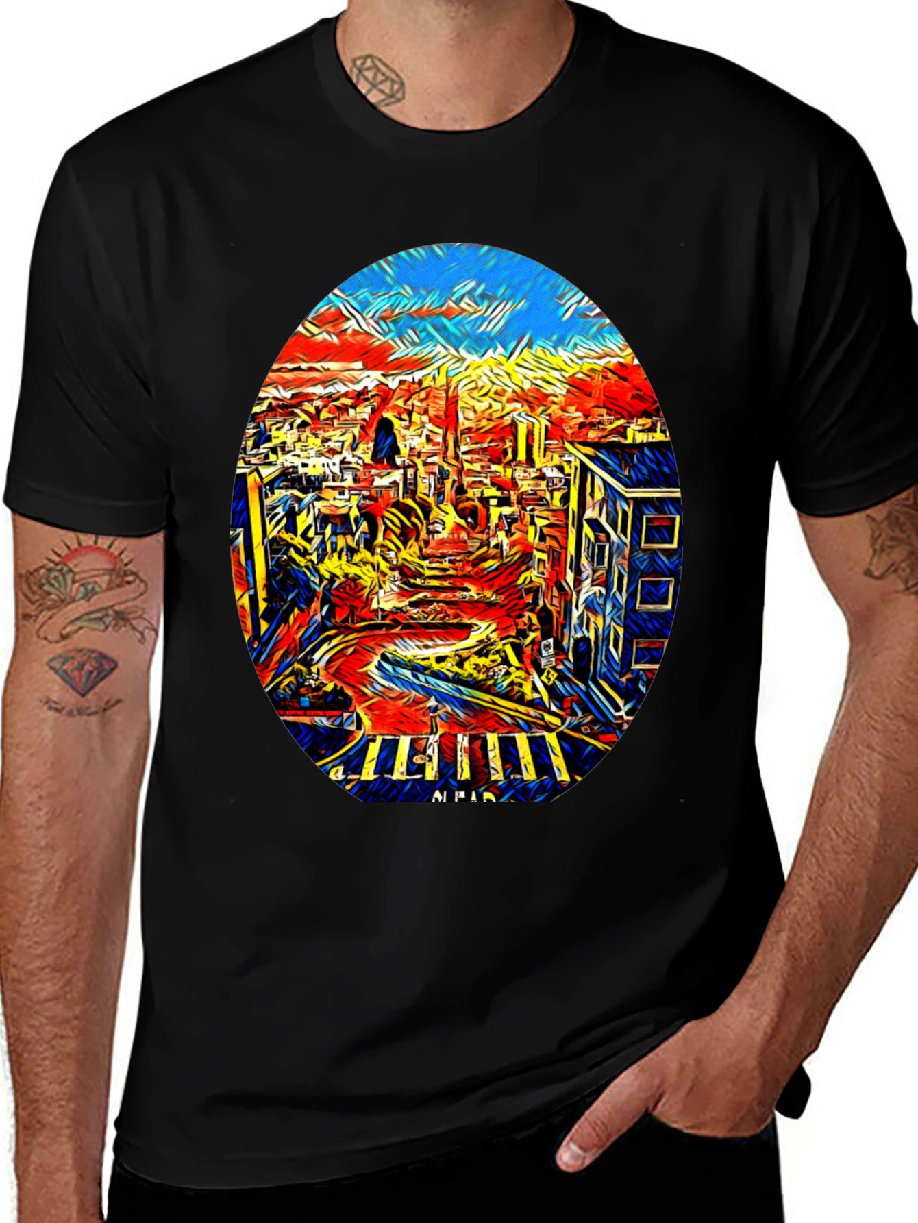 Abstract Cityscape Graphic Tee - Black